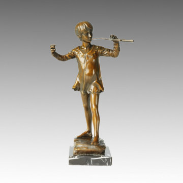 Kids Bronze Sculpture Trombone Boy Carving Deco Brass Statue TPE-292